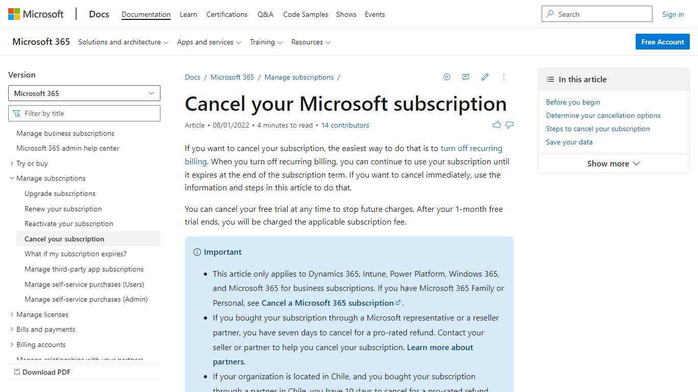 Cancel your business subscription | Microsoft Docs