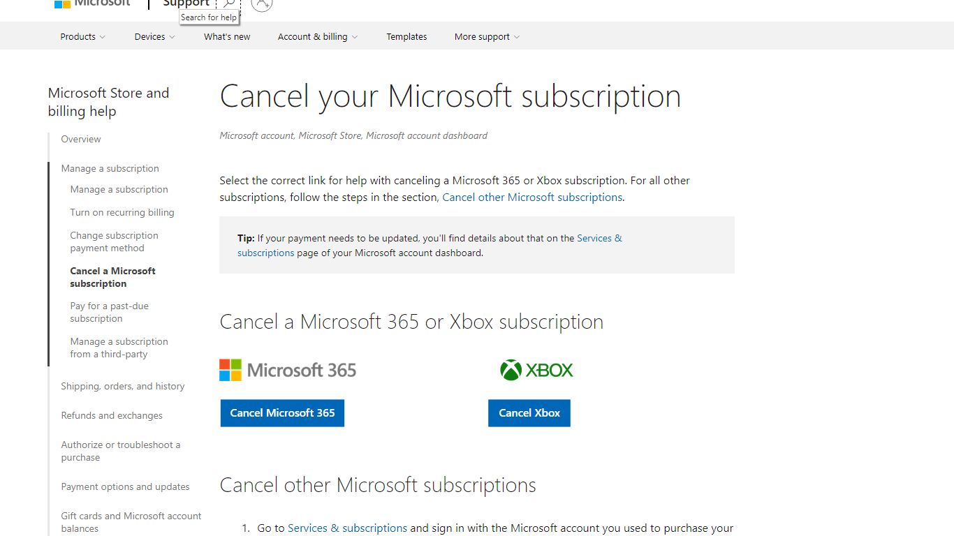 Cancel your Microsoft subscription