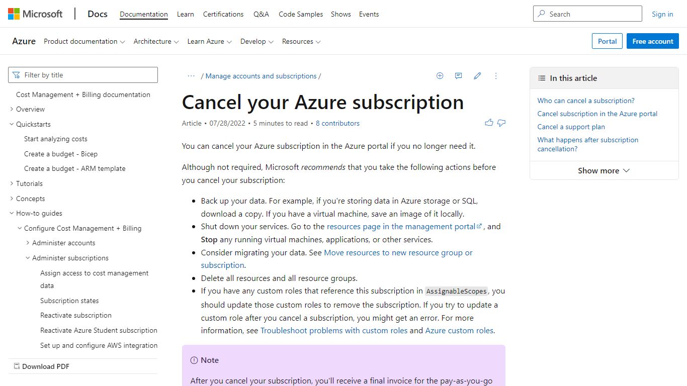 Cancel your Azure subscription | Microsoft Docs